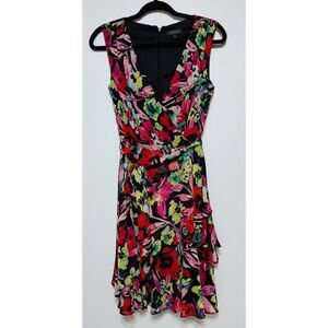 Tahari ASL Floral Cocktail Dress Sz 2 Vibrant Watercolor Print Ruffled Hem‎
